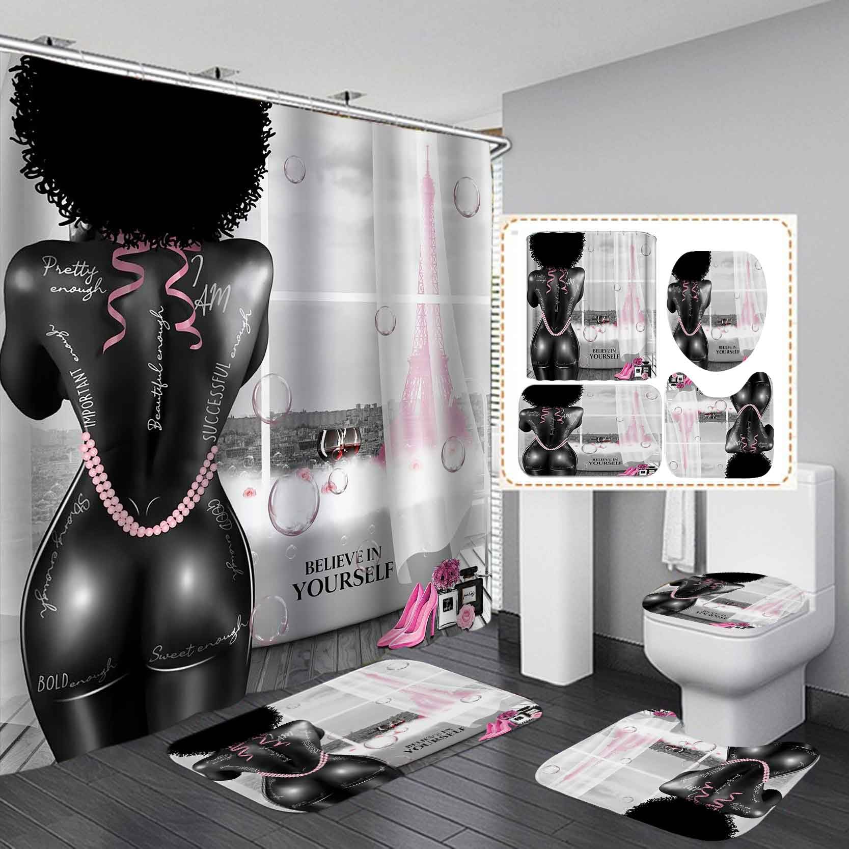 4PCS Sexy Black Girl Magic Shower Curtain Set,
