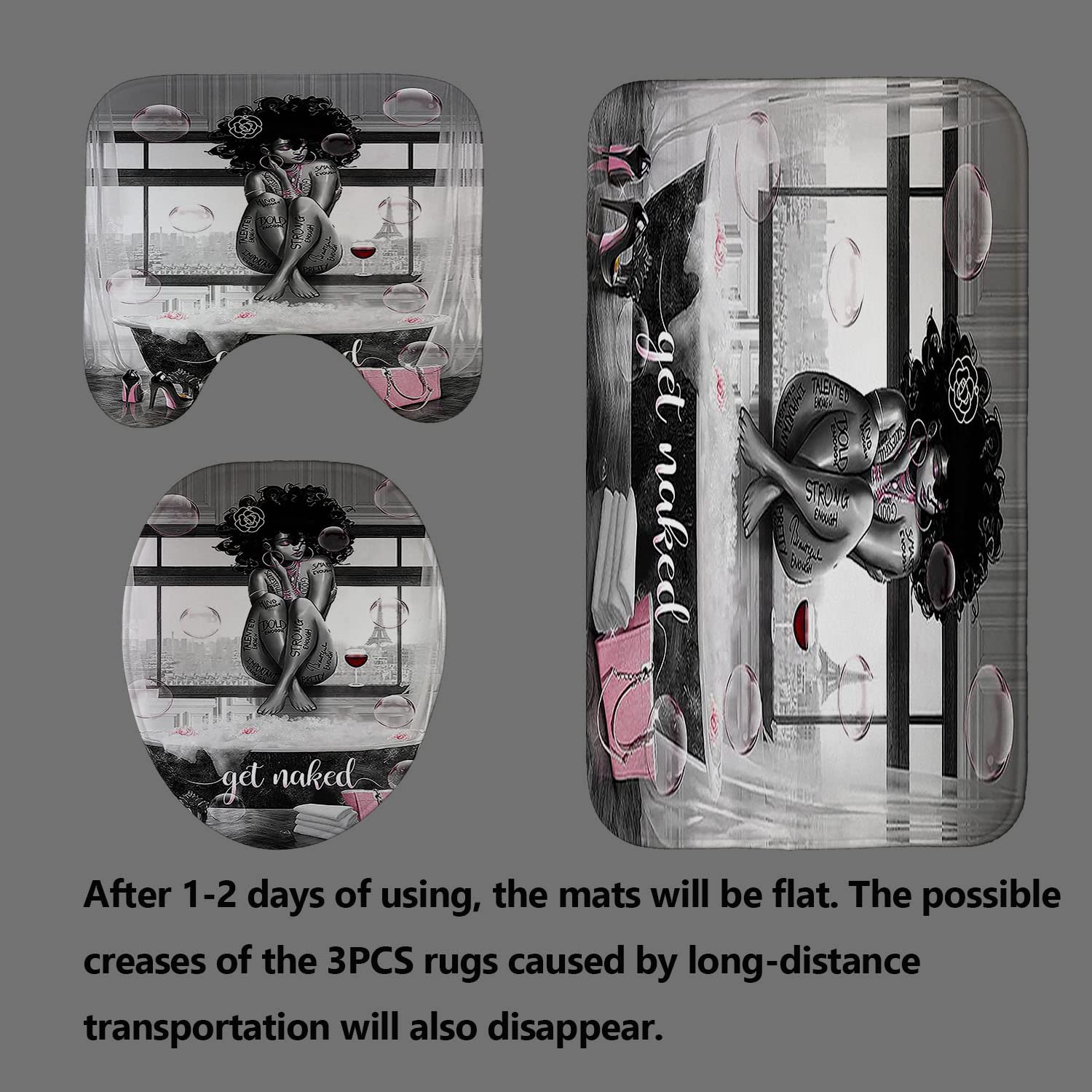 4PCS Sexy Black Girl Magic Shower Curtain Set,