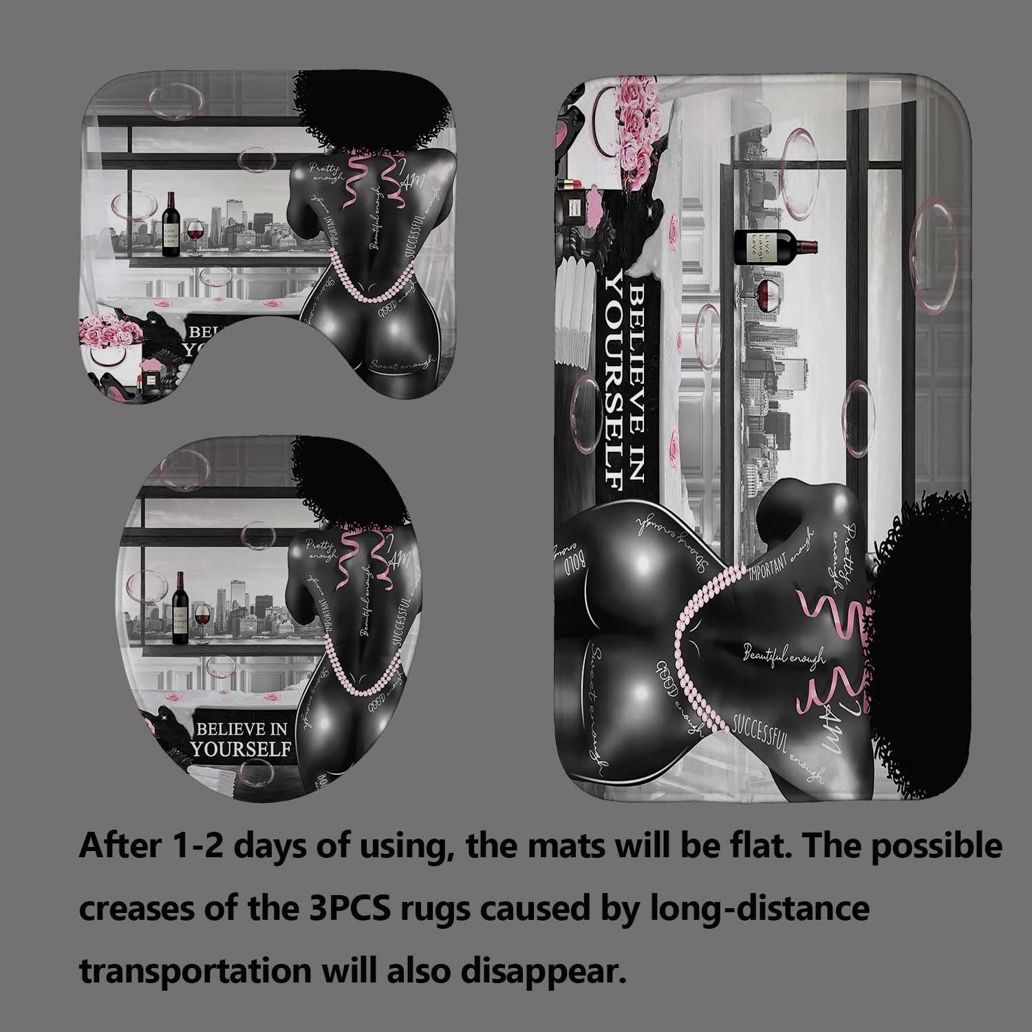 4PCS Sexy Black Girl Magic Shower Curtain Set,