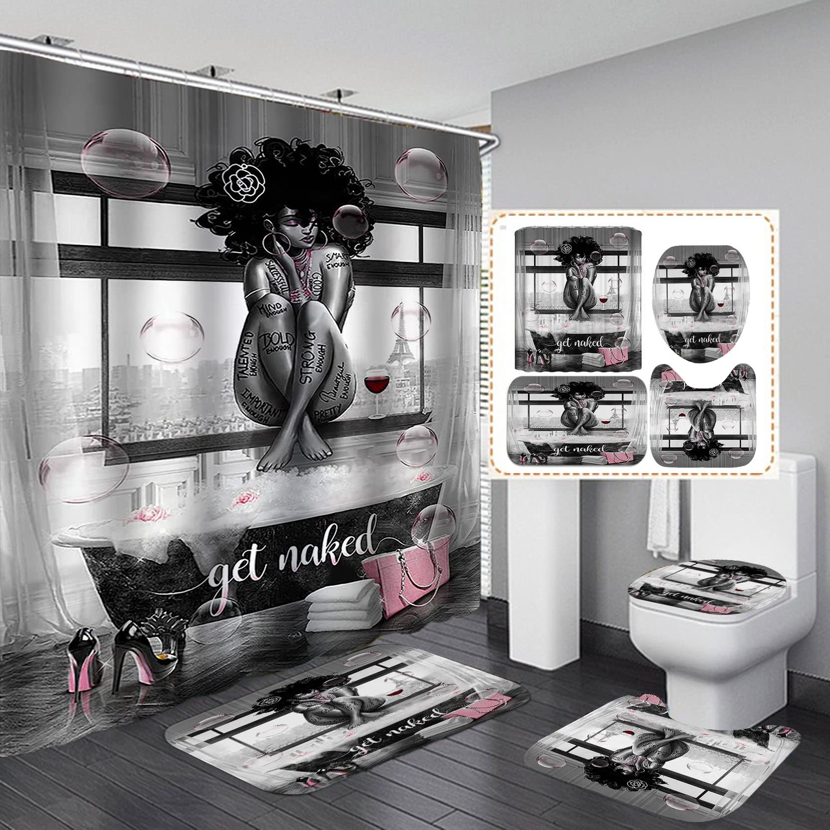 4PCS Sexy Black Girl Magic Shower Curtain Set,