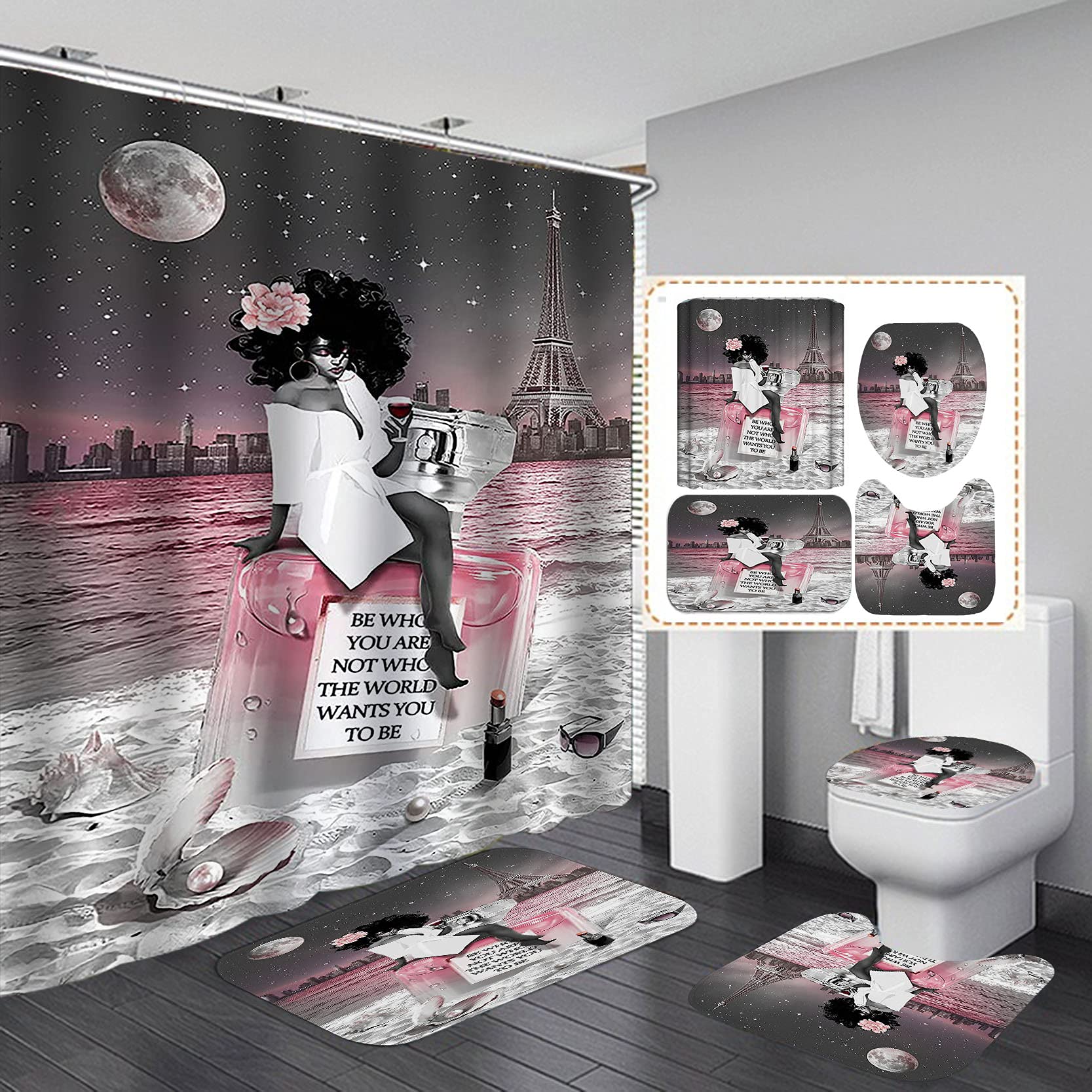 4PCS Sexy Black Girl Magic Shower Curtain Set,