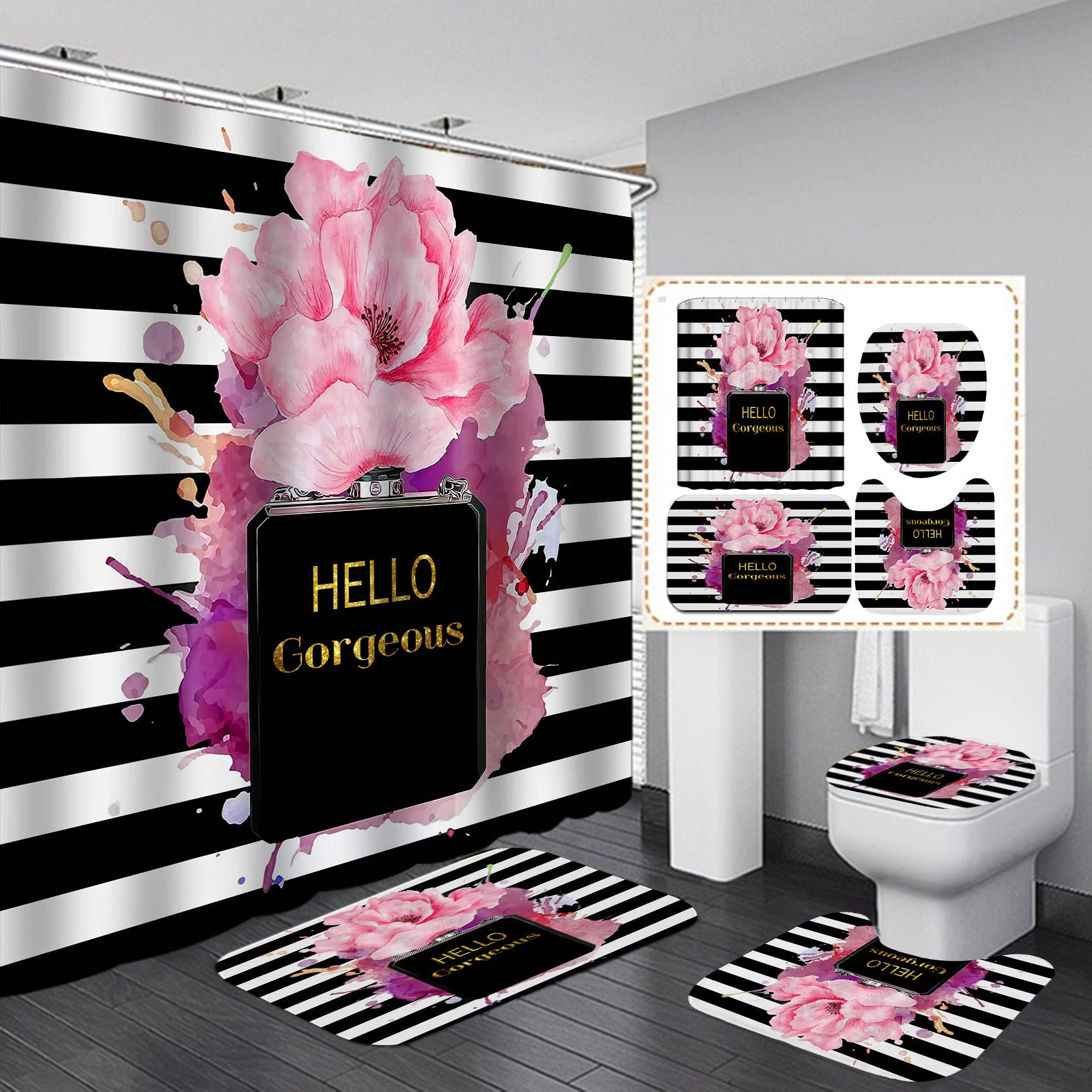 4PCS Sexy Black Girl Magic Shower Curtain Set,