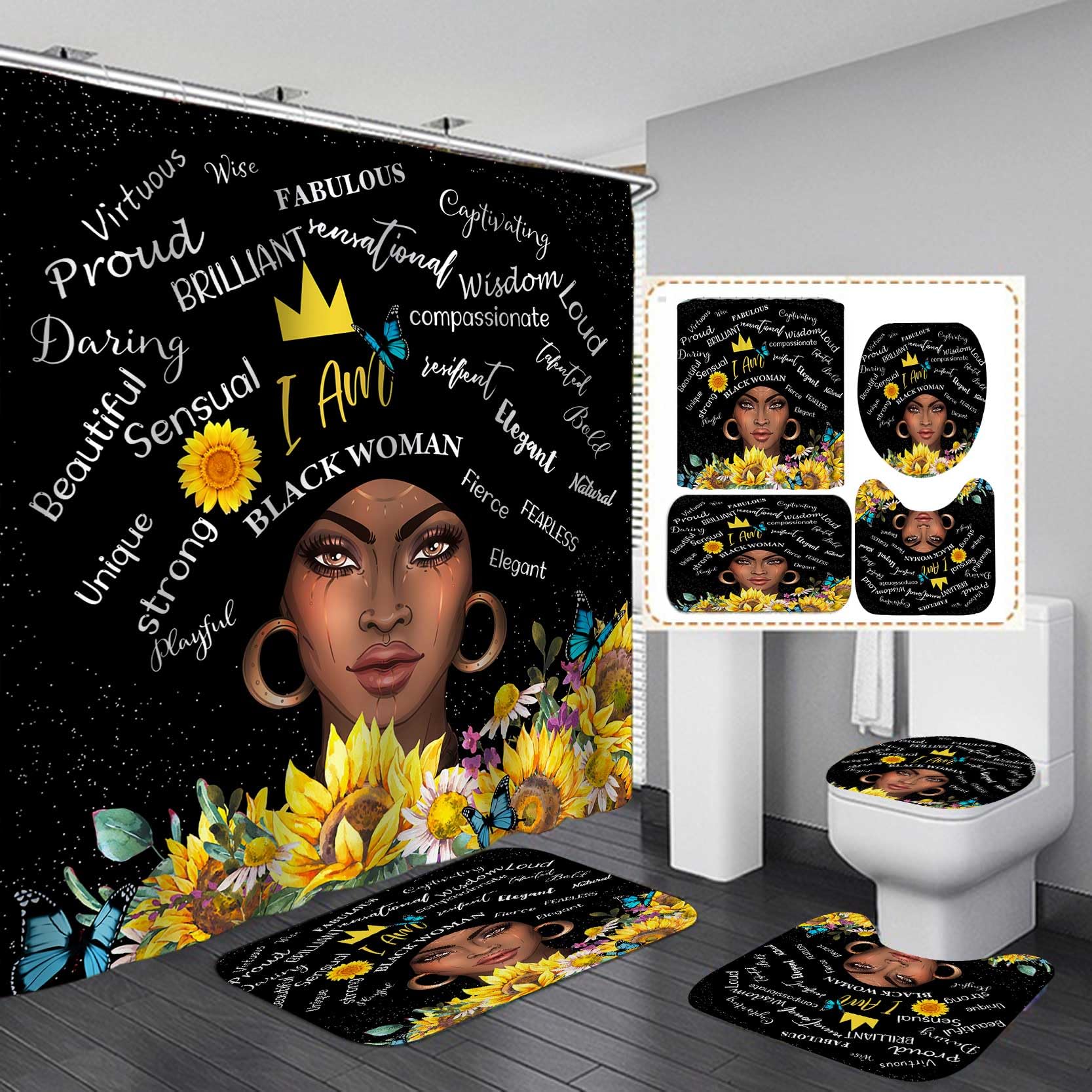 4PCS Sexy Black Girl Magic Shower Curtain Set,