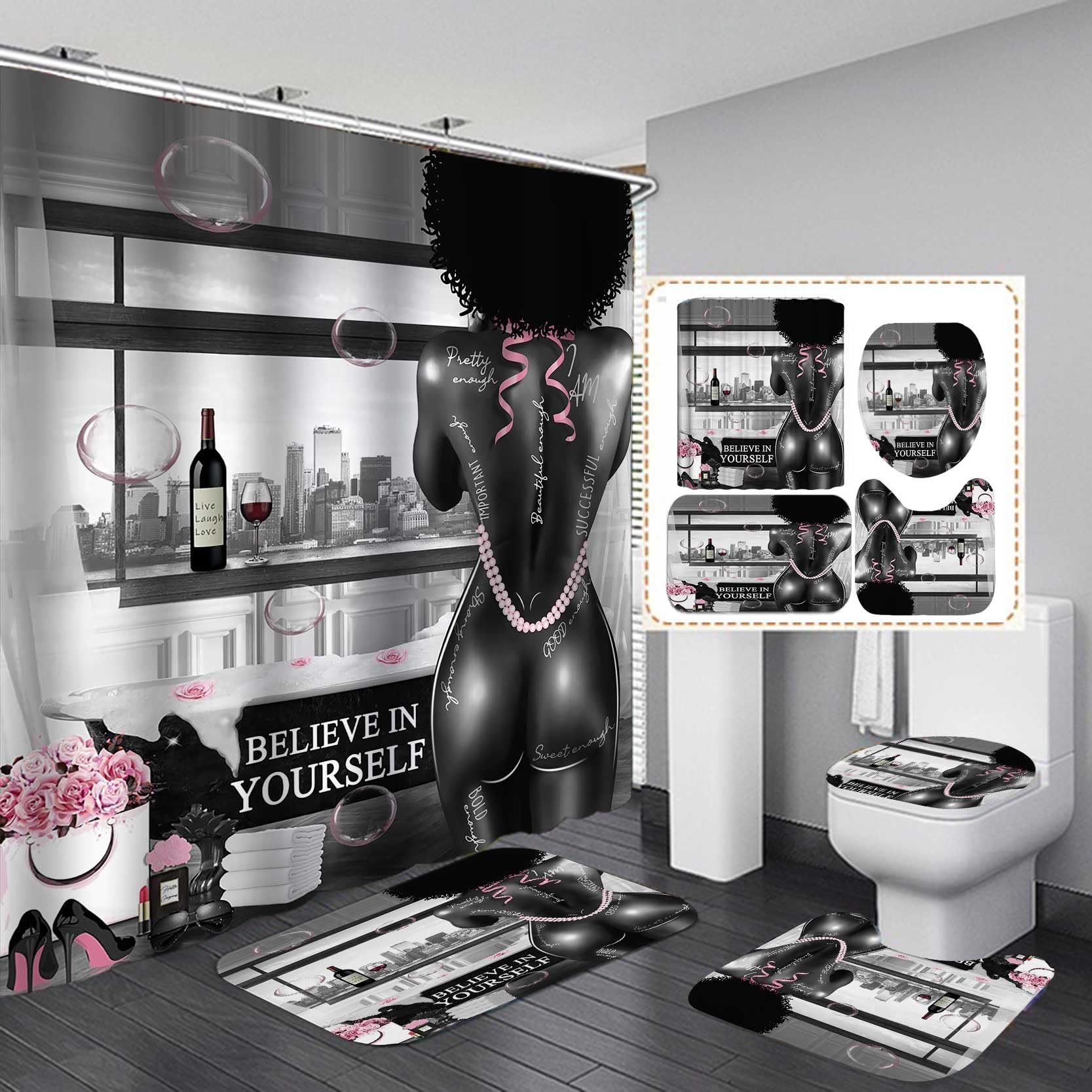4PCS Sexy Black Girl Magic Shower Curtain Set,