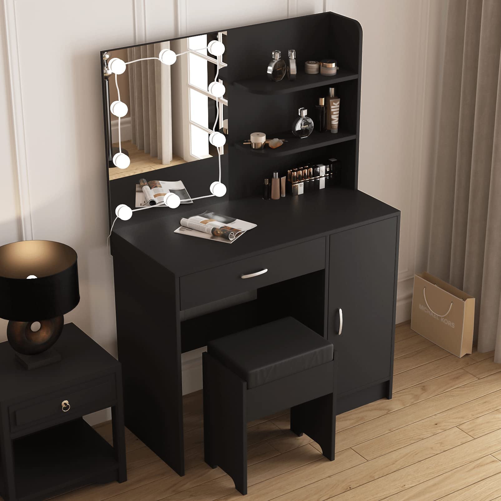 Makeup Vanity Table Set with Drawer, Shelves, Lighted Mirror, Cushioned Stool, White