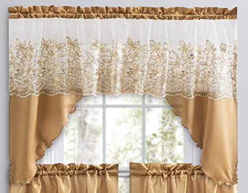 3 Piece Embroidered Window Curtain Set. Kitchen, Living Room or Bathroom Curtains