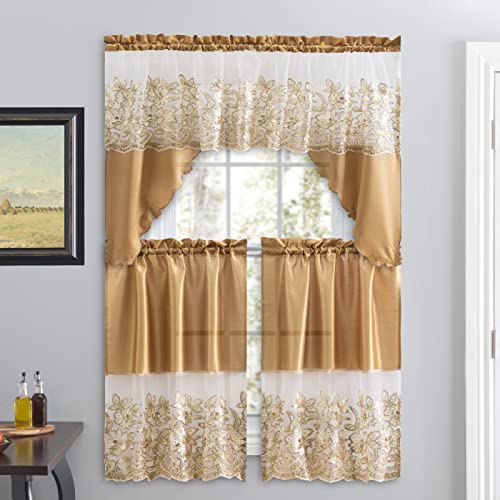 3 Piece Embroidered Window Curtain Set. Kitchen, Living Room or Bathroom Curtains