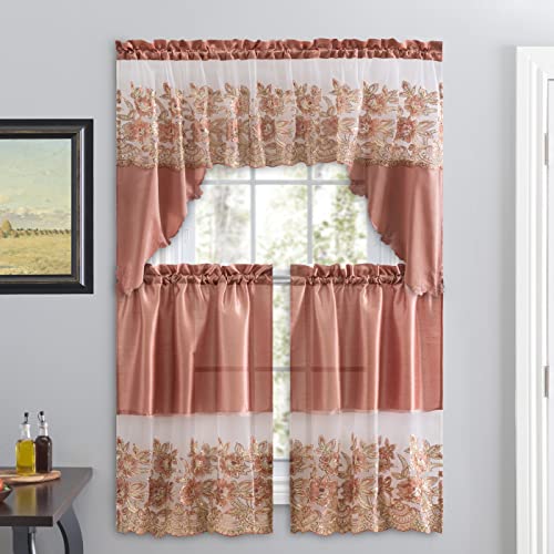 3 Piece Embroidered Window Curtain Set. Kitchen, Living Room or Bathroom Curtains