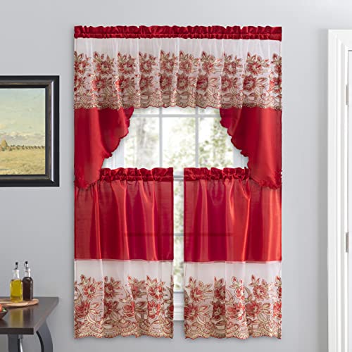 3 Piece Embroidered Window Curtain Set. Kitchen, Living Room or Bathroom Curtains