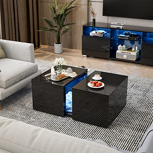 AOVSA Modern LED Coffee Table with Retractable Hidden Compartment
