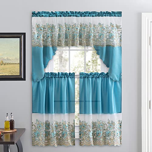 3 Piece Embroidered Window Curtain Set. Kitchen, Living Room or Bathroom Curtains