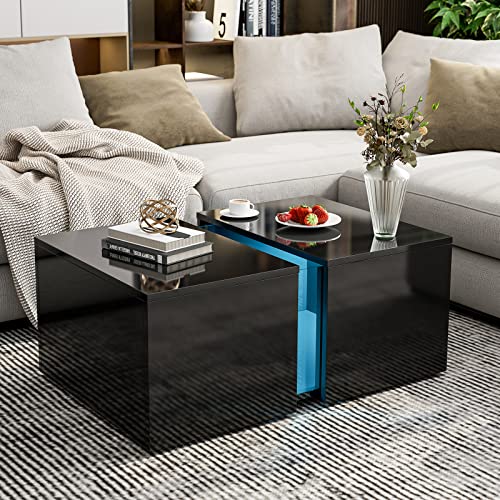 AOVSA Modern LED Coffee Table with Retractable Hidden Compartment