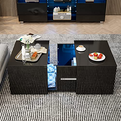 AOVSA Modern LED Coffee Table with Retractable Hidden Compartment
