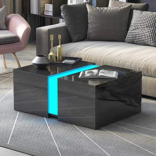 AOVSA Modern LED Coffee Table with Retractable Hidden Compartment