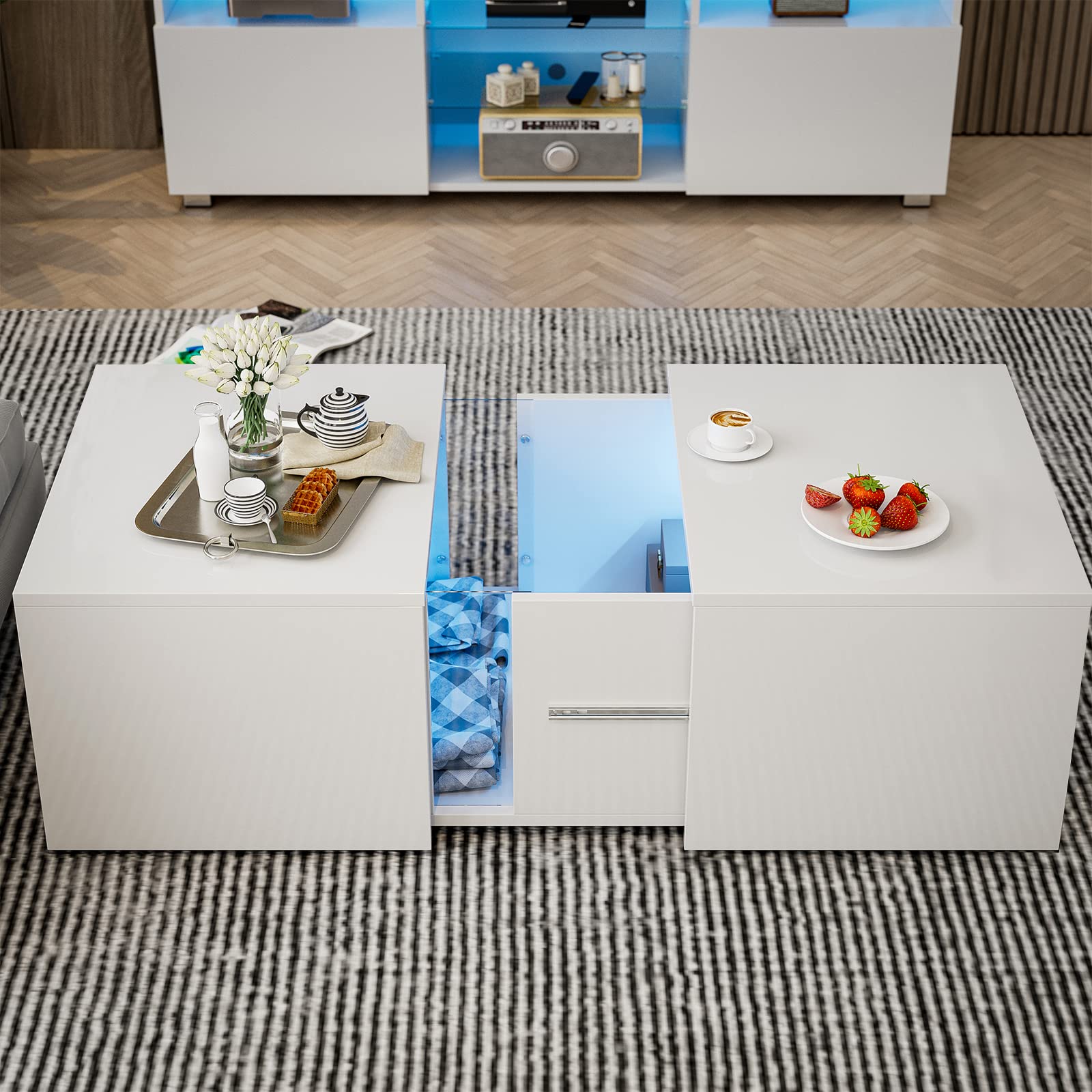 AOVSA Modern LED Coffee Table with Retractable Hidden Compartment