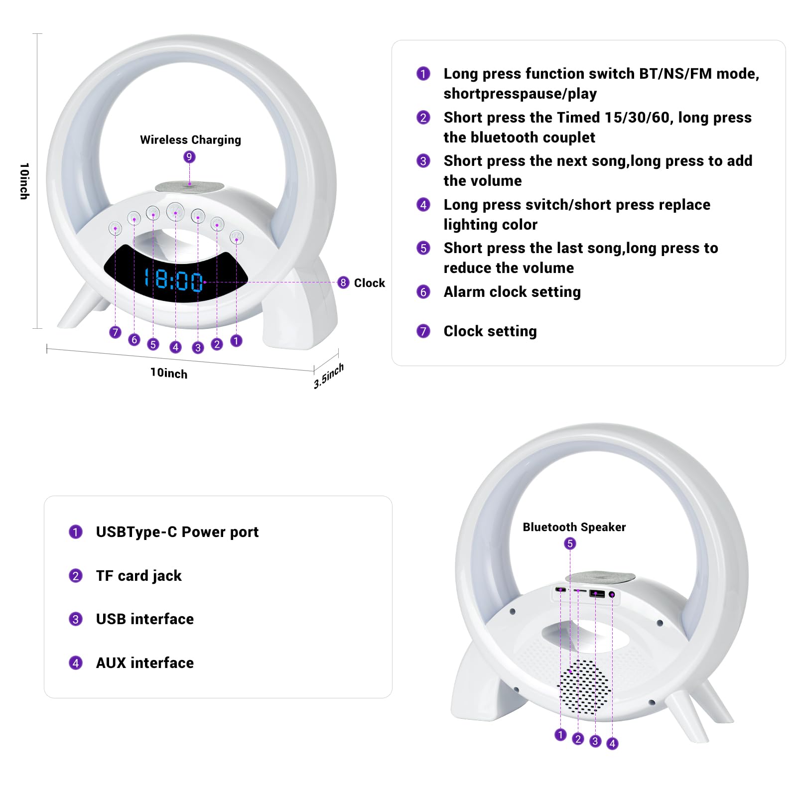 Wireless Charging Atmosphere Lamp with Bluetooth Speaker Alarm Clock Night Light