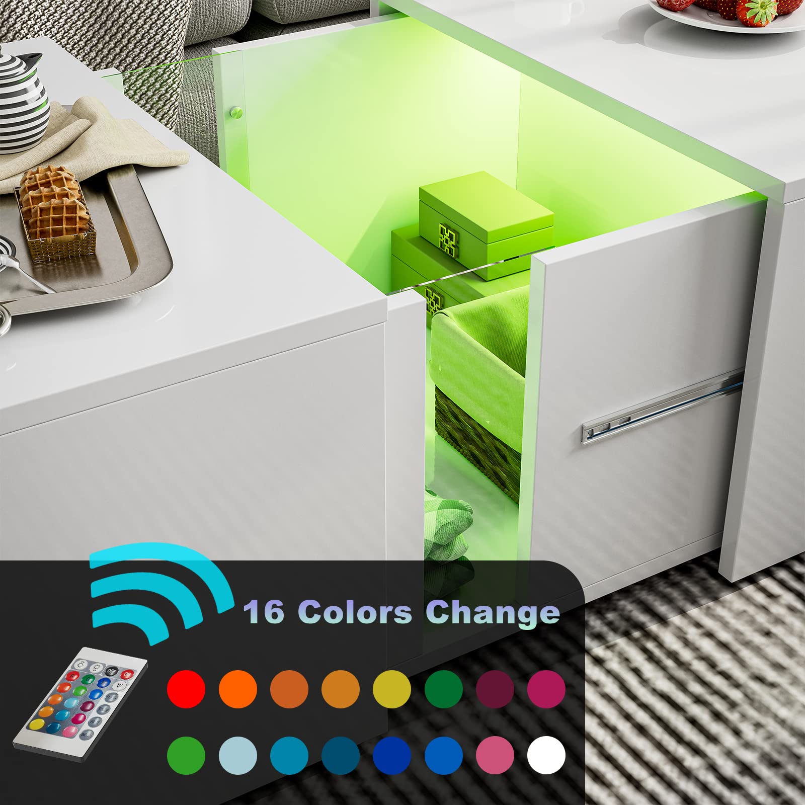 AOVSA Modern LED Coffee Table with Retractable Hidden Compartment
