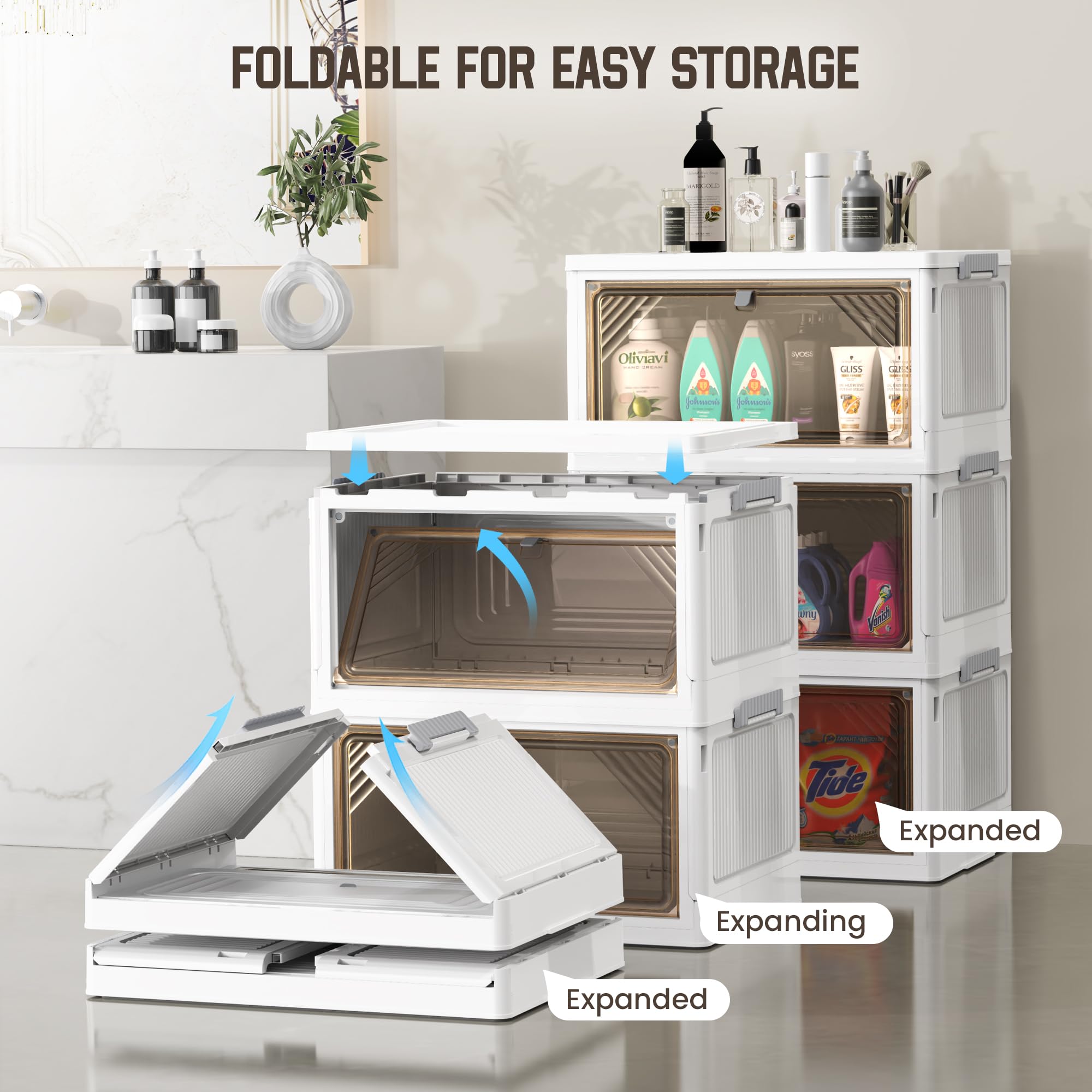 3/4 Tier Plastic Foldable Stackable Storage Bins with Lids