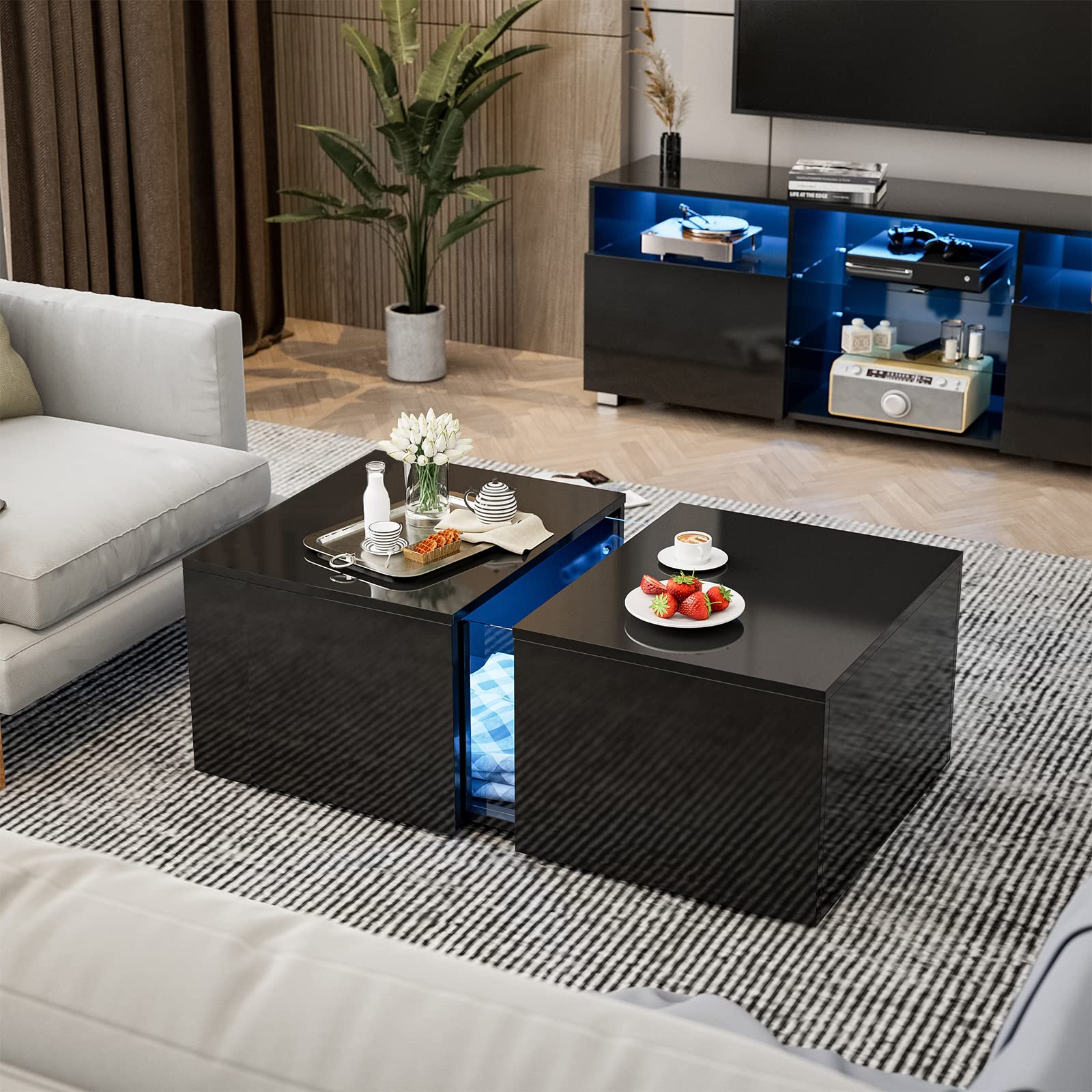 AOVSA Modern LED Coffee Table with Retractable Hidden Compartment