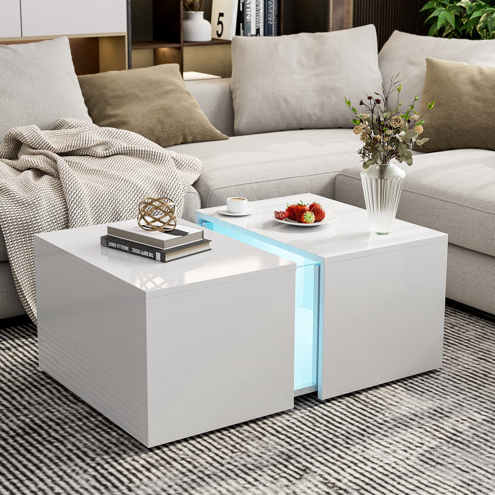 AOVSA Modern LED Coffee Table with Retractable Hidden Compartment