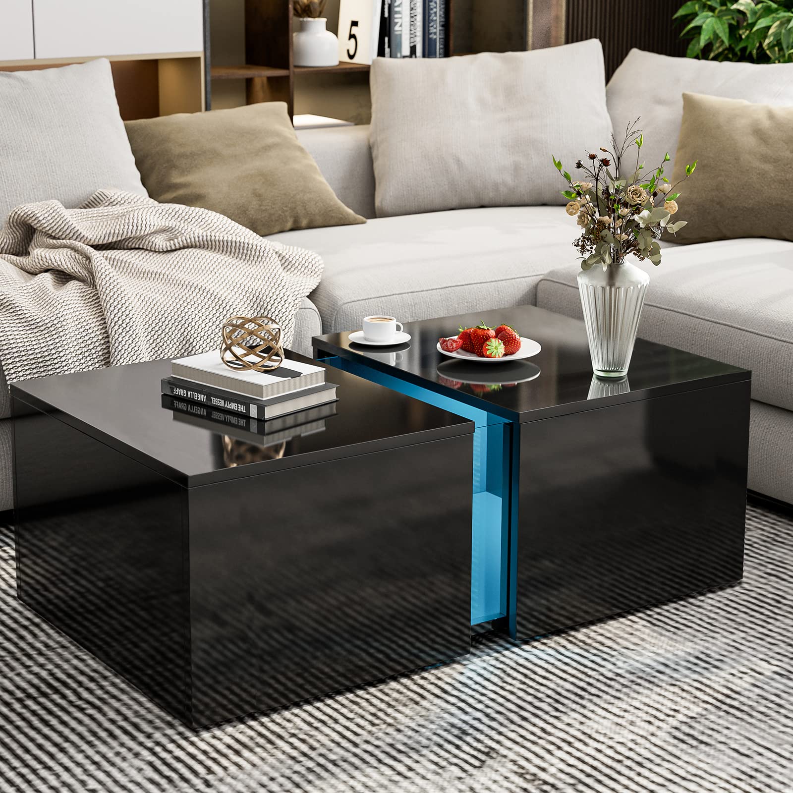 AOVSA Modern LED Coffee Table with Retractable Hidden Compartment