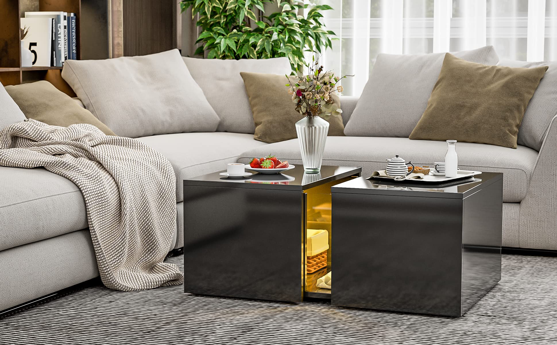 AOVSA Modern LED Coffee Table with Retractable Hidden Compartment