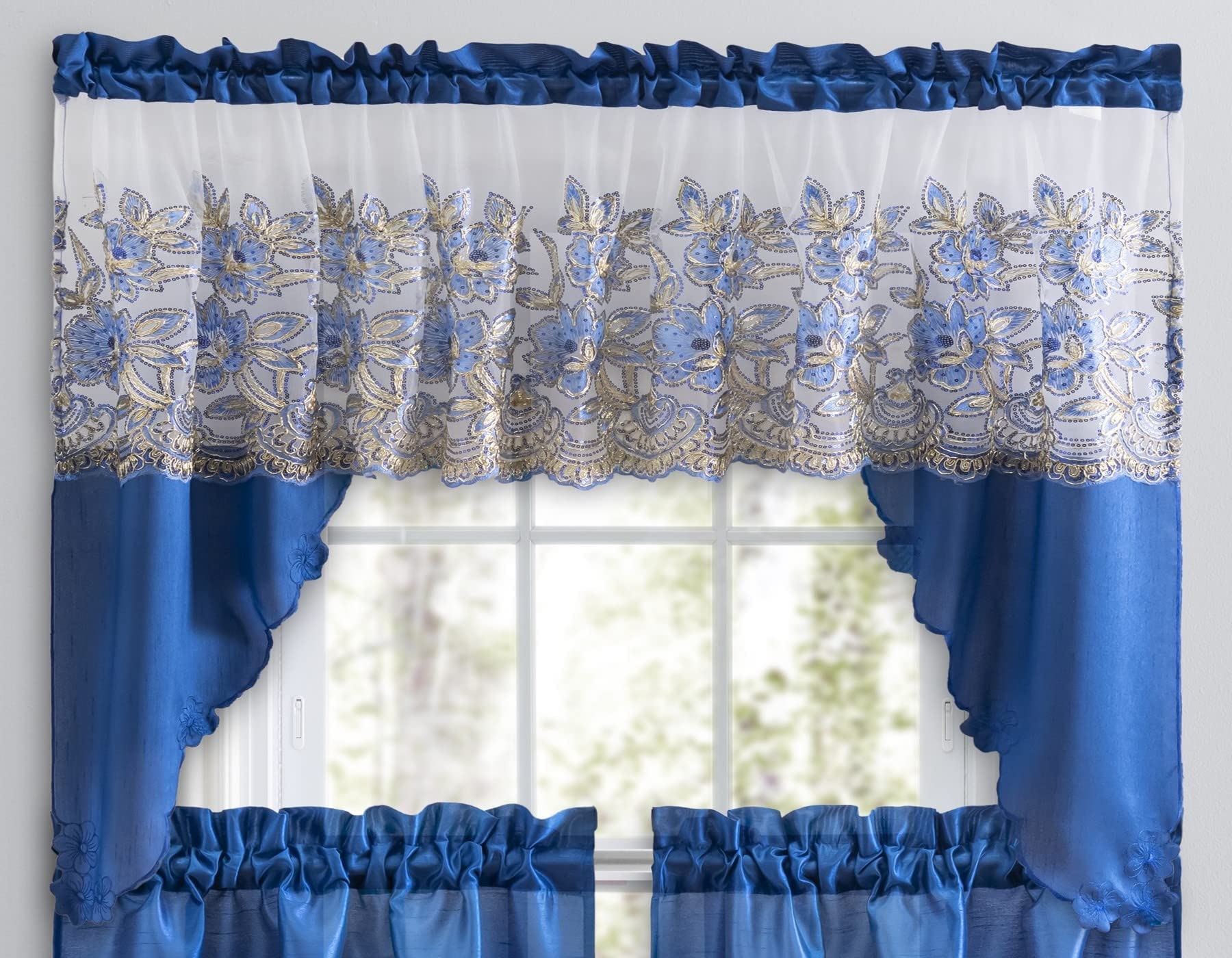 3 Piece Embroidered Window Curtain Set. Kitchen, Living Room or Bathroom Curtains