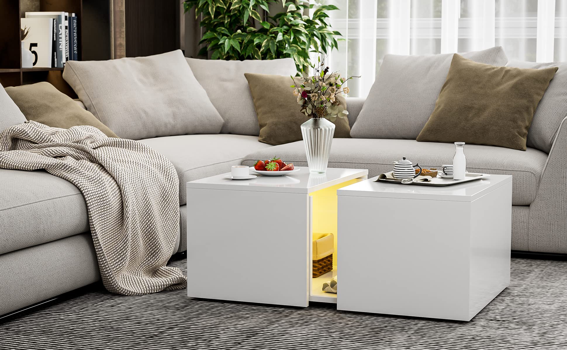 AOVSA Modern LED Coffee Table with Retractable Hidden Compartment