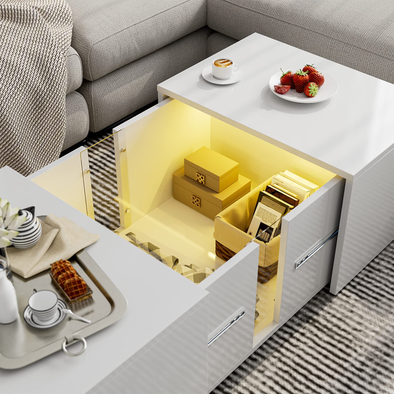 AOVSA Modern LED Coffee Table with Retractable Hidden Compartment