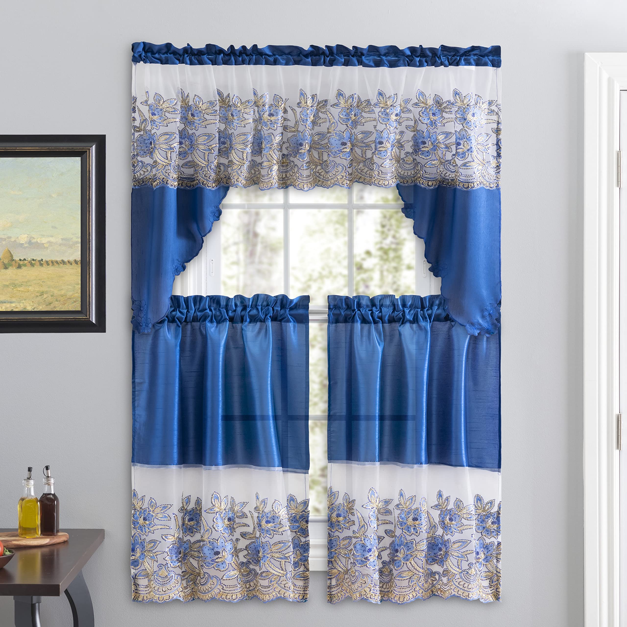 3 Piece Embroidered Window Curtain Set. Kitchen, Living Room or Bathroom Curtains