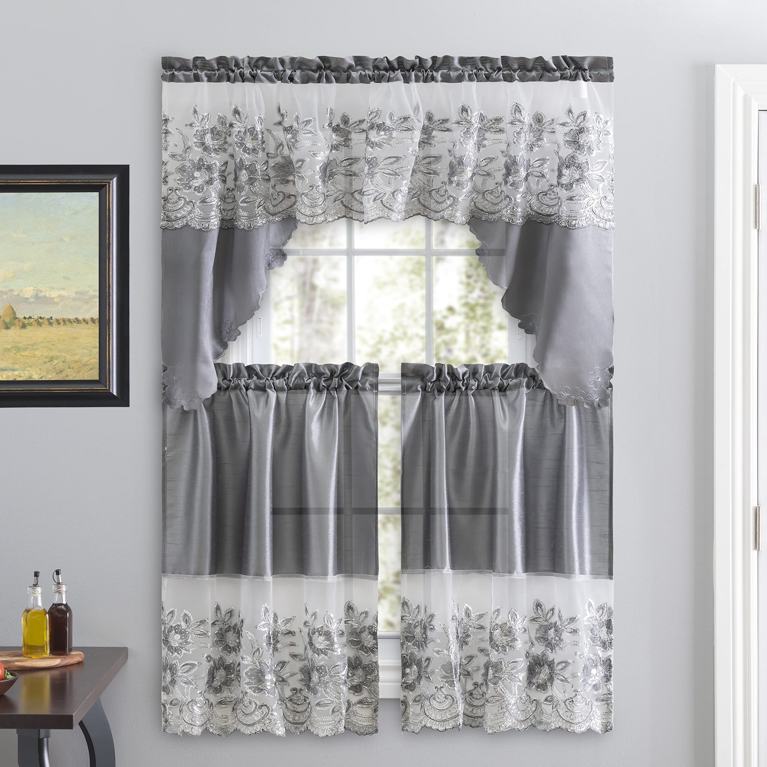 3 Piece Embroidered Window Curtain Set. Kitchen, Living Room or Bathroom Curtains