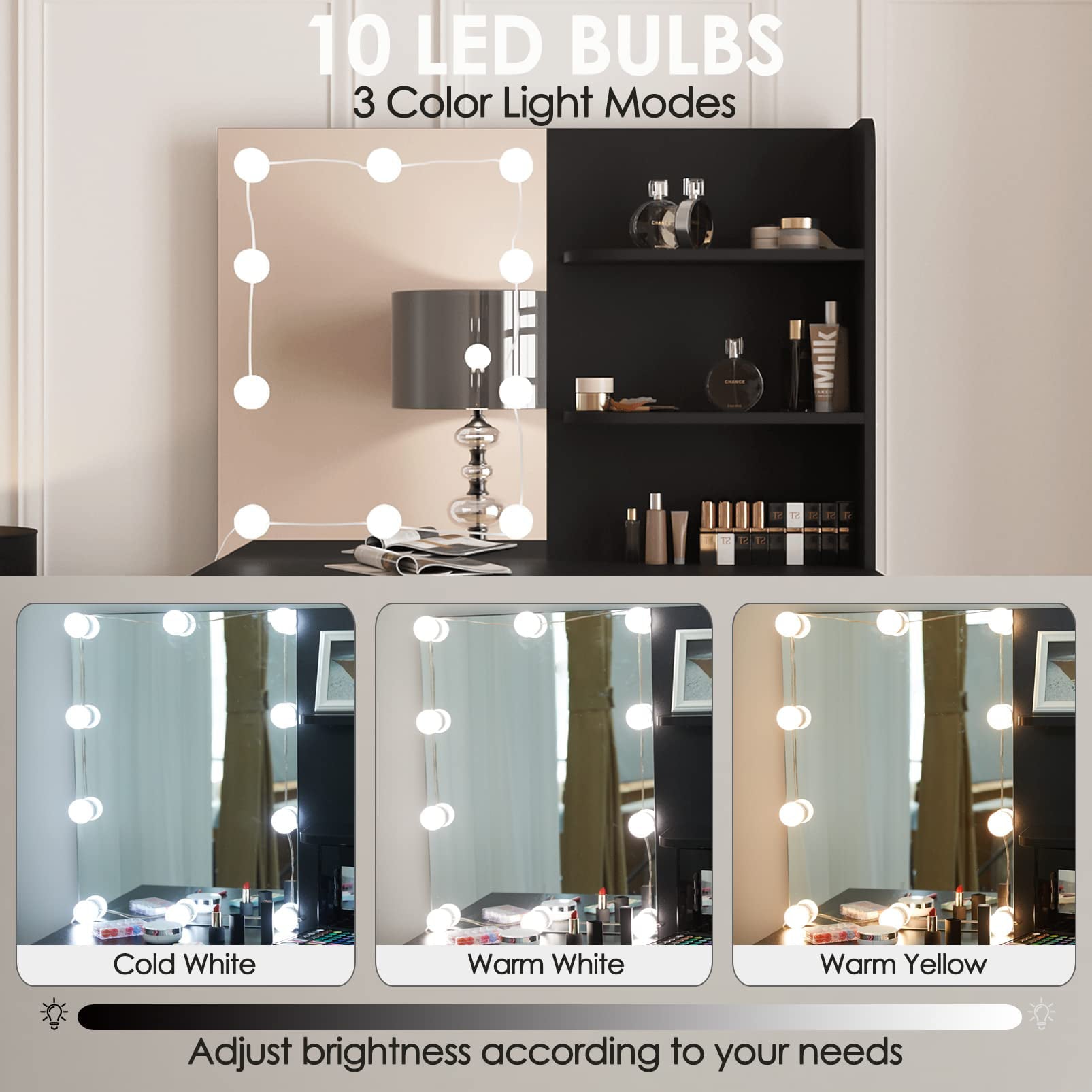 Makeup Vanity Table Set with Drawer, Shelves, Lighted Mirror, Cushioned Stool, White