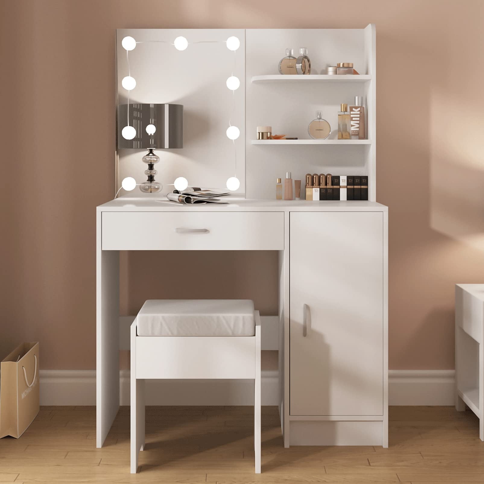 Makeup Vanity Table Set with Drawer, Shelves, Lighted Mirror, Cushioned Stool, White