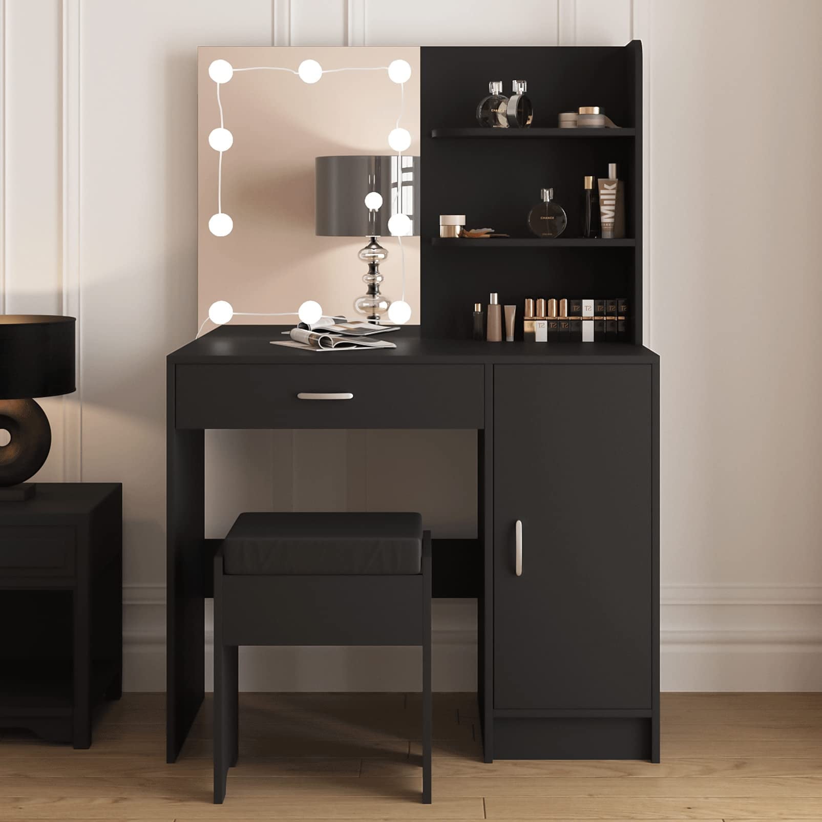Makeup Vanity Table Set with Drawer, Shelves, Lighted Mirror, Cushioned Stool, White