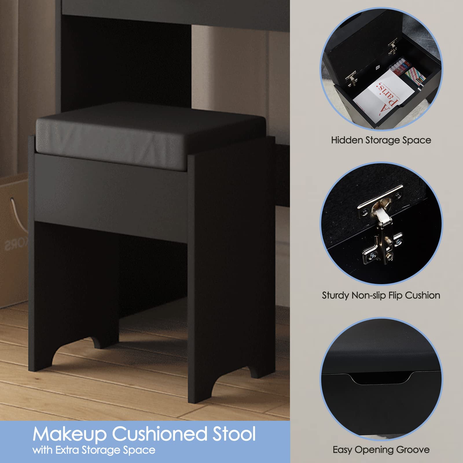 Makeup Vanity Table Set with Drawer, Shelves, Lighted Mirror, Cushioned Stool, White