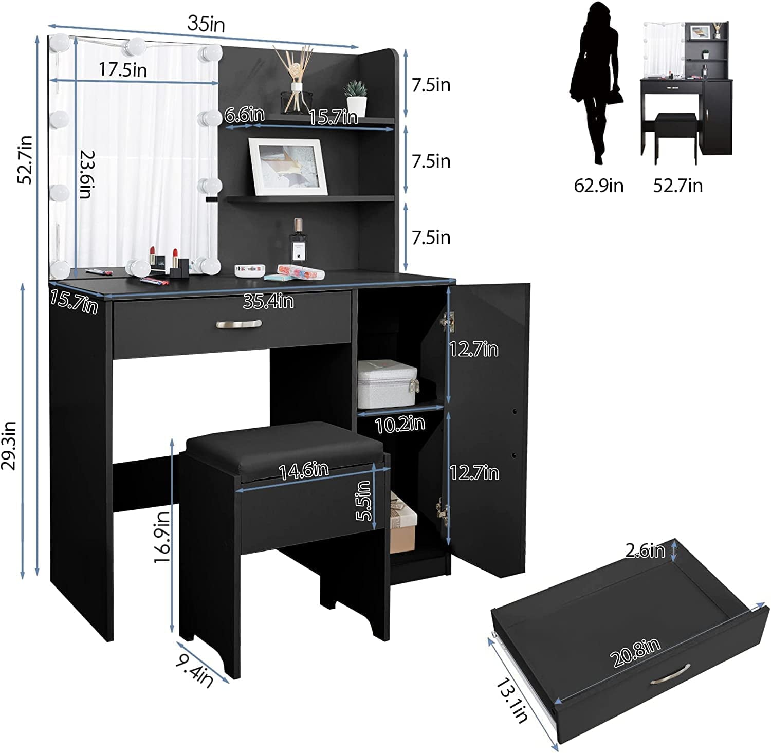 Makeup Vanity Table Set with Drawer, Shelves, Lighted Mirror, Cushioned Stool, White