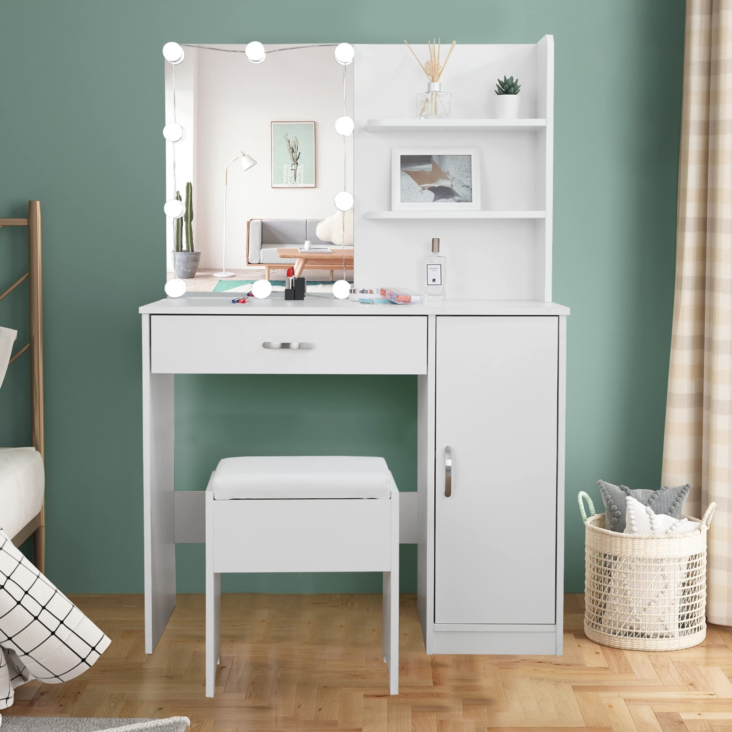 Makeup Vanity Table Set with Drawer, Shelves, Lighted Mirror, Cushioned Stool, White