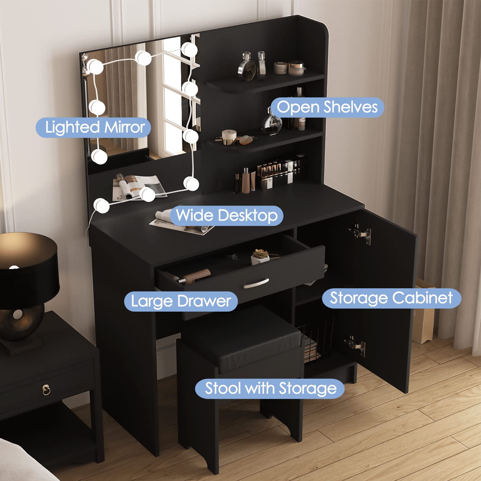 Makeup Vanity Table Set with Drawer, Shelves, Lighted Mirror, Cushioned Stool, White